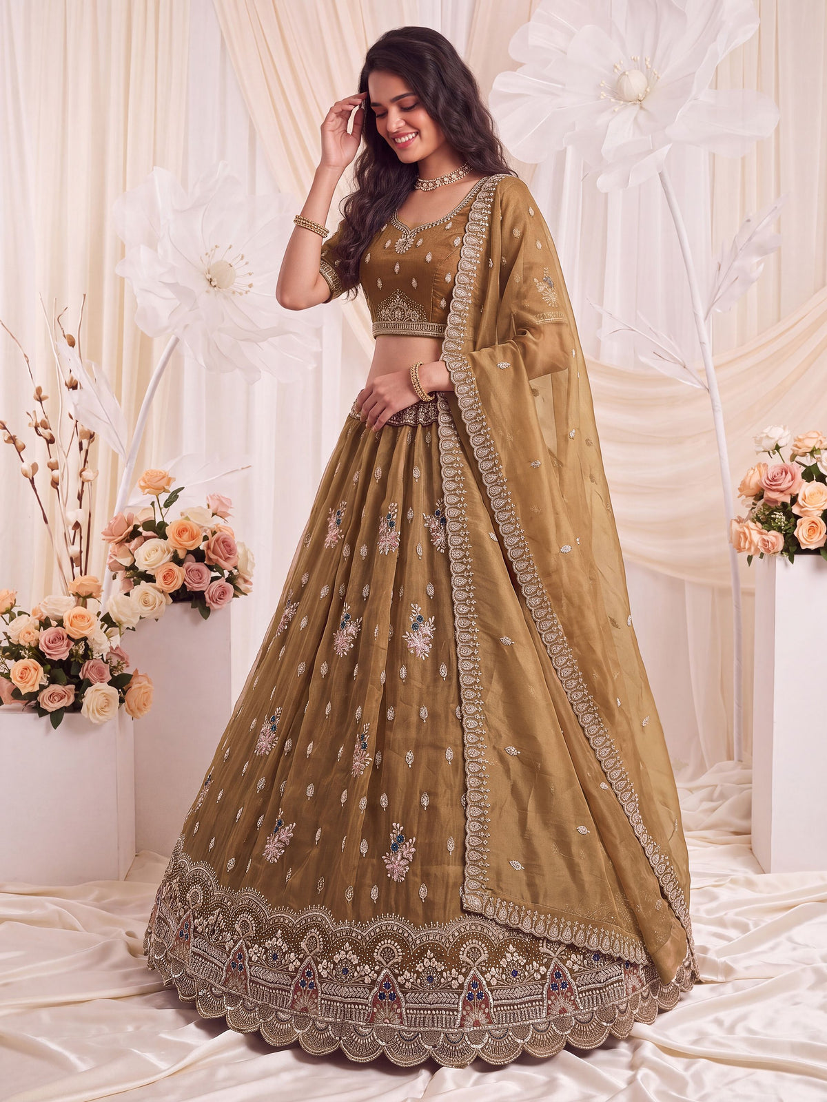 Enchanting Brown Beads Work Silk Marriage Wear Lehenga Choli