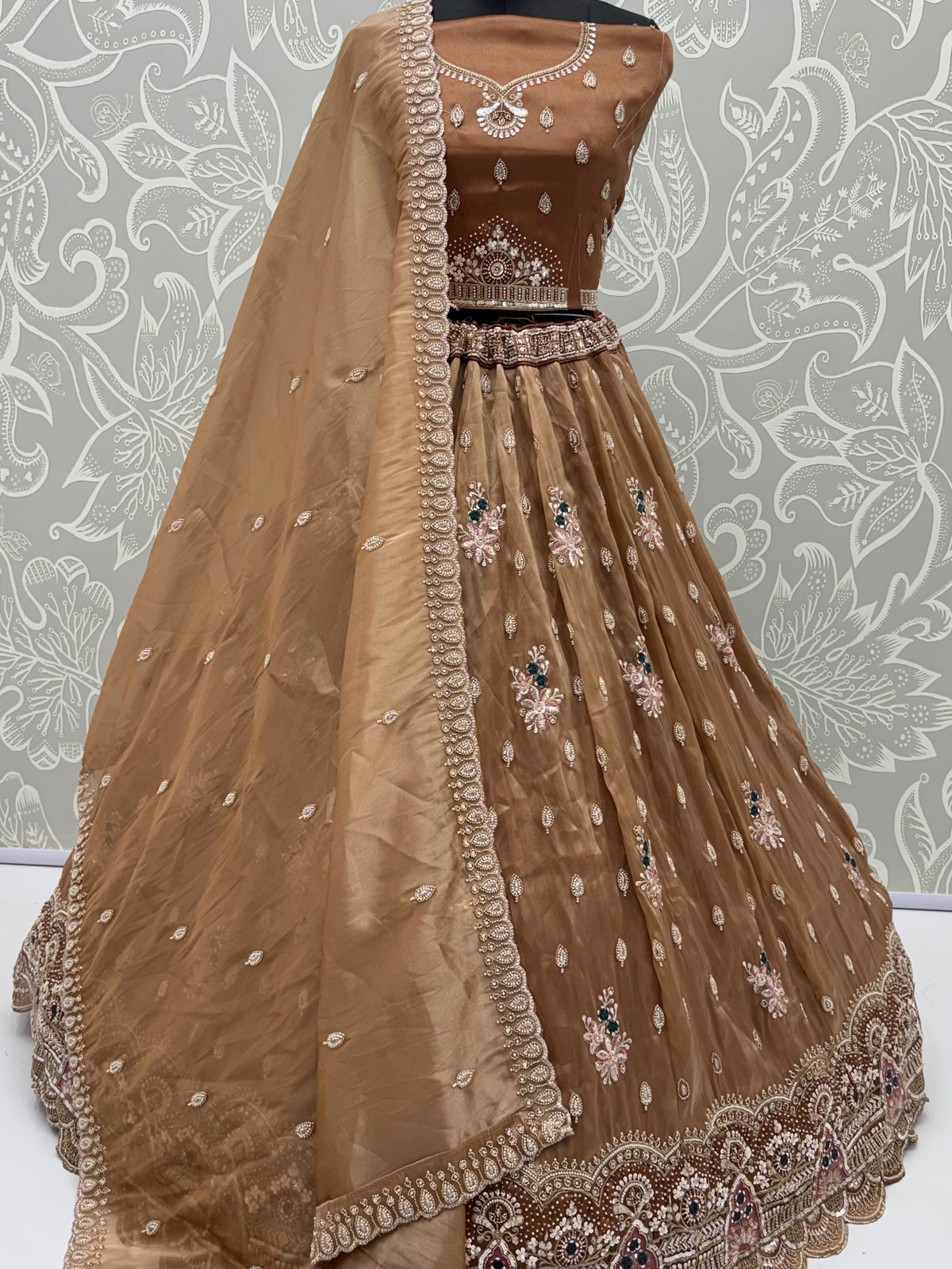 Enchanting Brown Beads Work Silk Marriage Wear Lehenga Choli