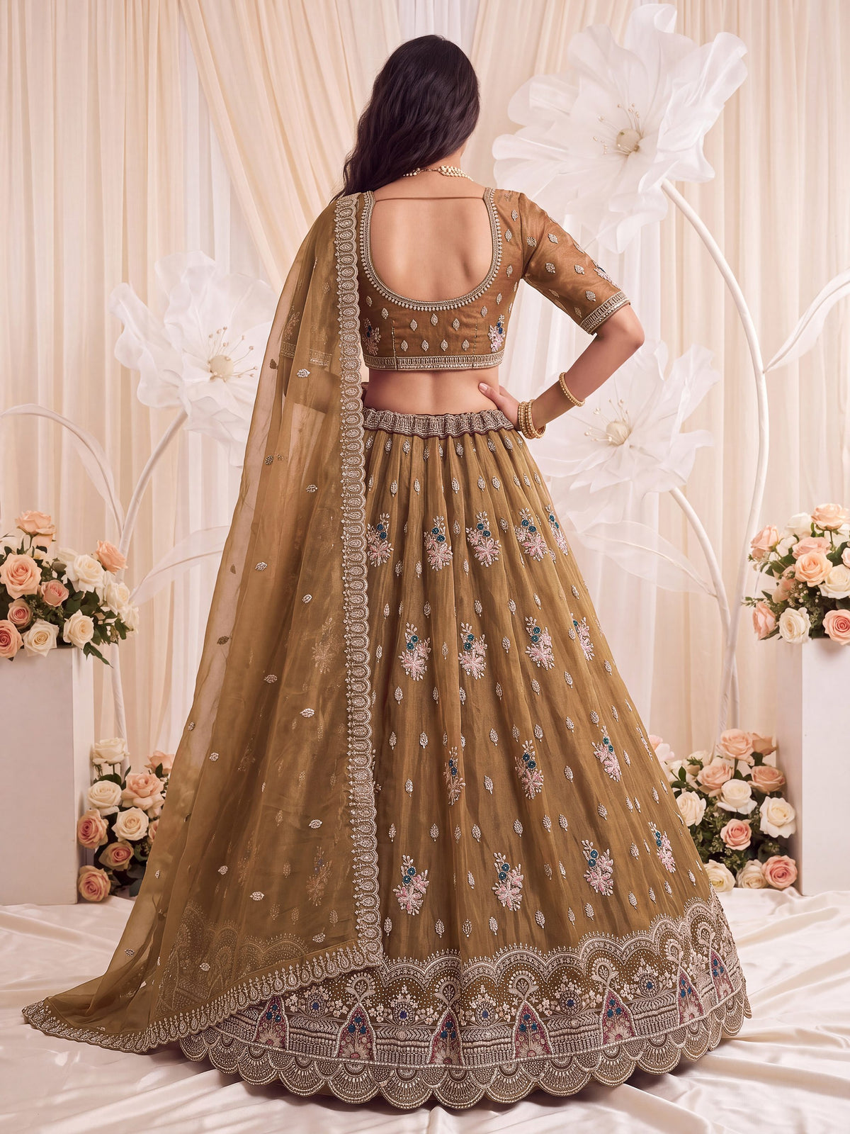 Enchanting Brown Beads Work Silk Marriage Wear Lehenga Choli