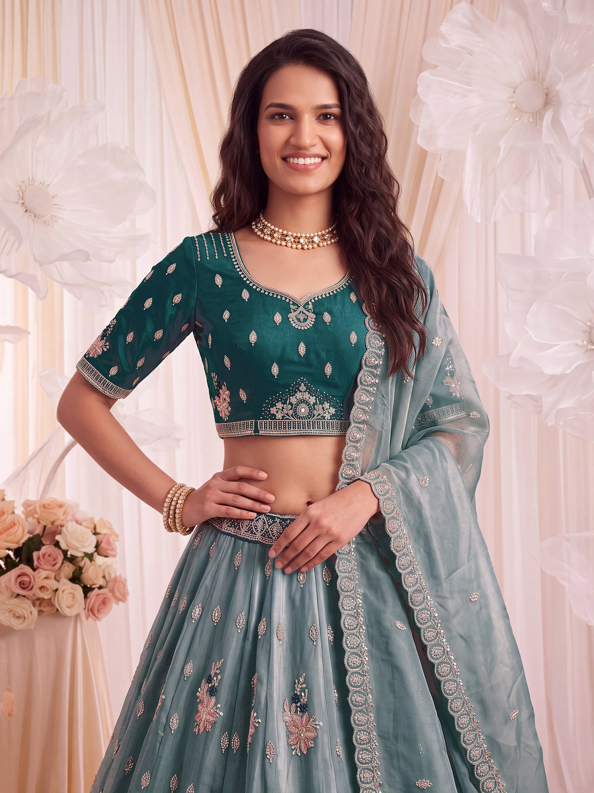 Captivating Teal Blue Dori Work Silk Wedding Wear Lehenga Choli