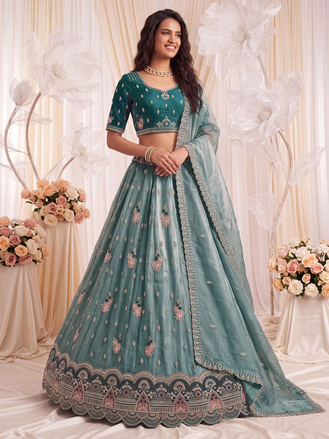 Captivating Teal Blue Dori Work Silk Wedding Wear Lehenga Choli