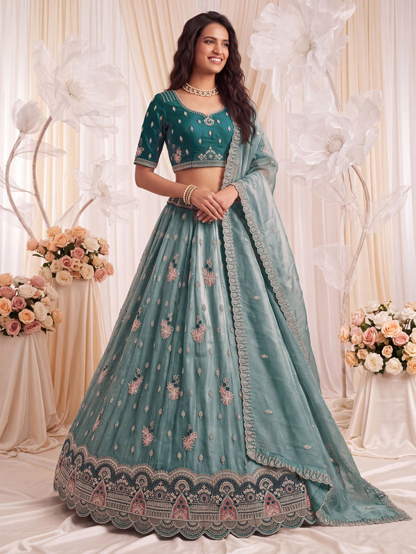 Captivating Teal Blue Dori Work Silk Wedding Wear Lehenga Choli