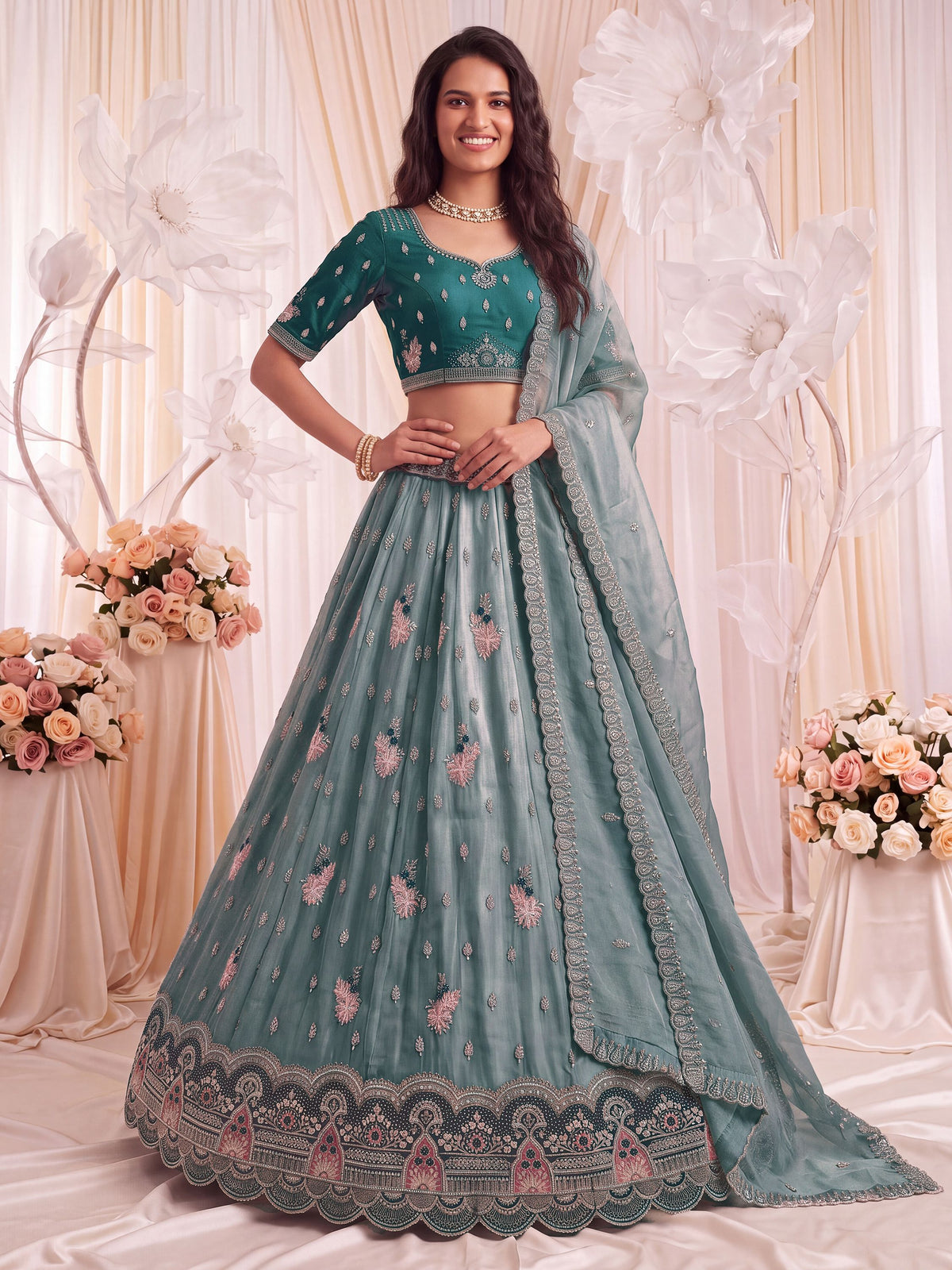 Captivating Teal Blue Dori Work Silk Wedding Wear Lehenga Choli