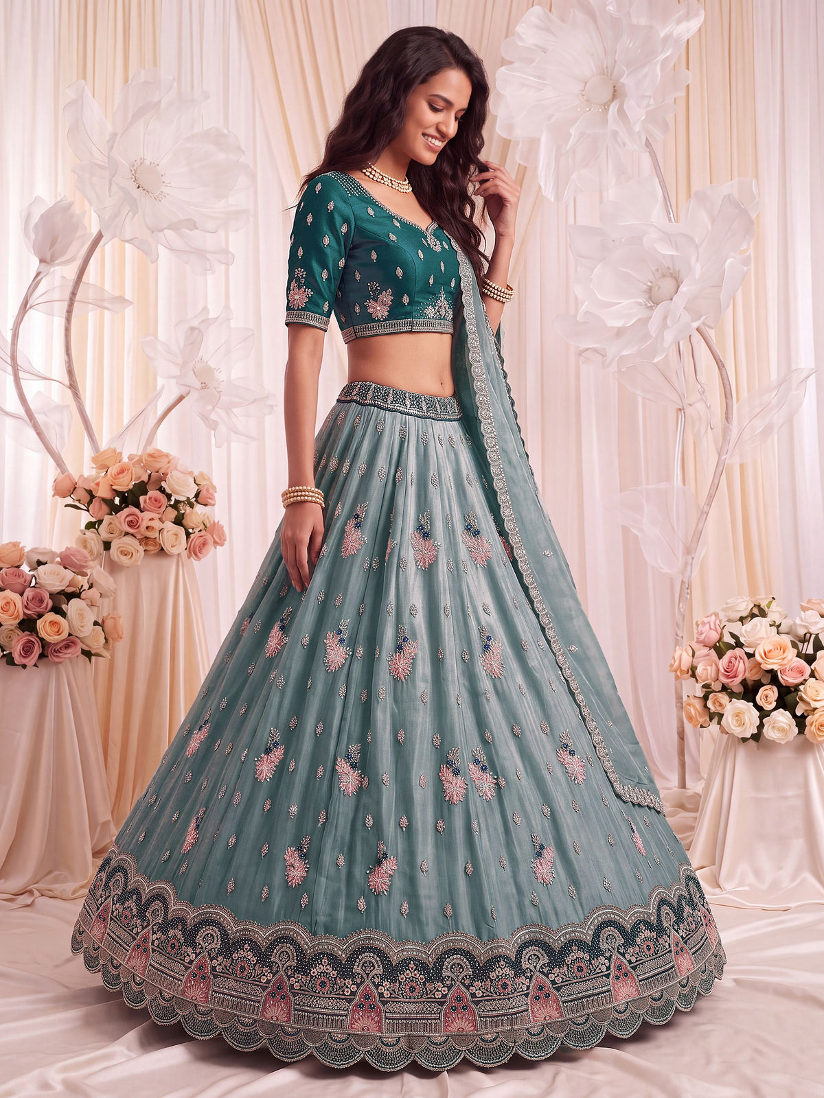 Captivating Teal Blue Dori Work Silk Wedding Wear Lehenga Choli