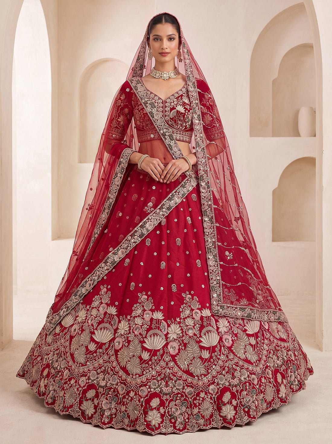 Majestic Red Beads Work Silk Bridal Special Lehenga Choli