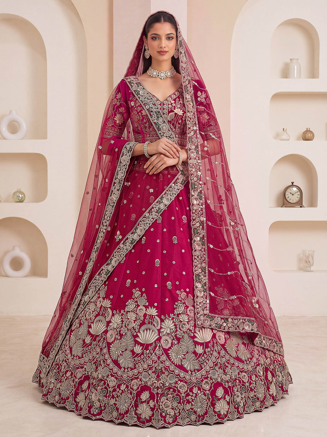 Royal Rani Pink Zari Work Silk Wedding Wear Lehenga Choli