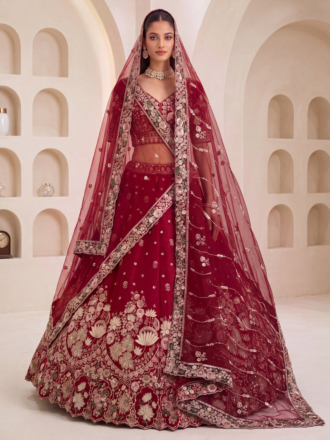Magnificent Maroon Sequins Work Silk Bridal Wear Lehenga Choli