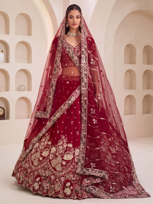 Magnificent Maroon Sequins Work Silk Bridal Wear Lehenga Choli