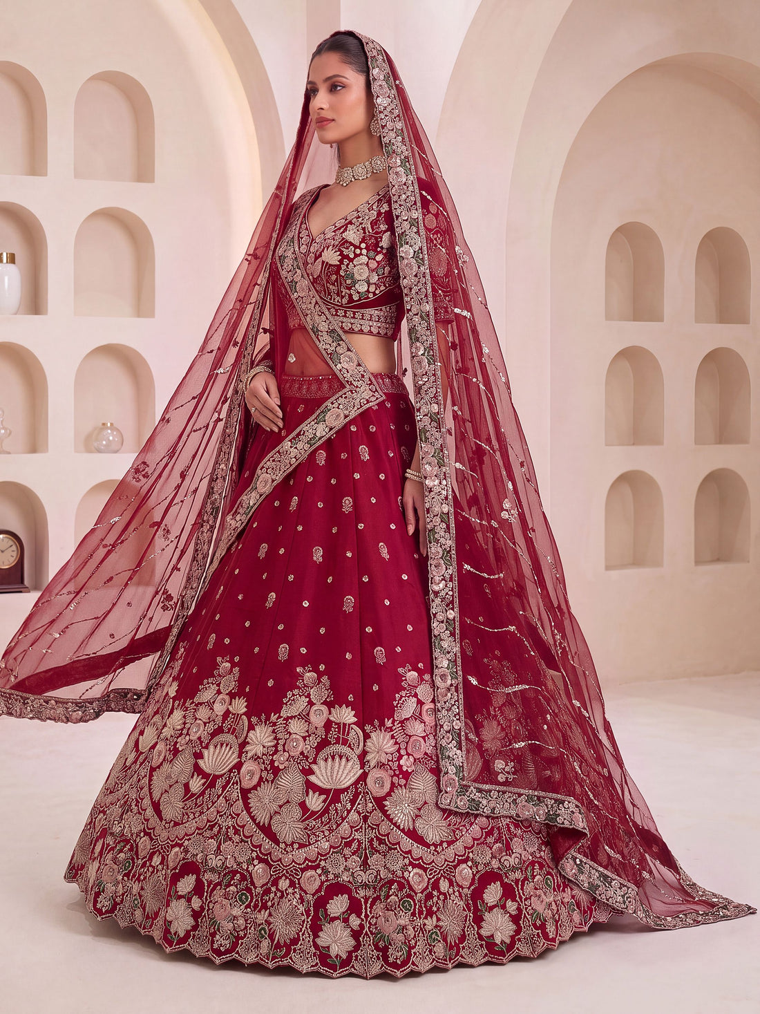 Magnificent Maroon Sequins Work Silk Bridal Wear Lehenga Choli
