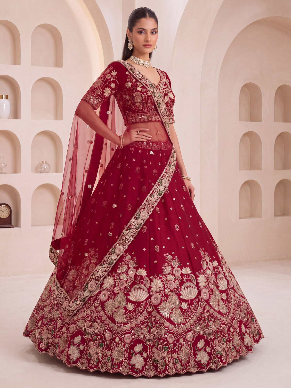 Magnificent Maroon Sequins Work Silk Bridal Wear Lehenga Choli