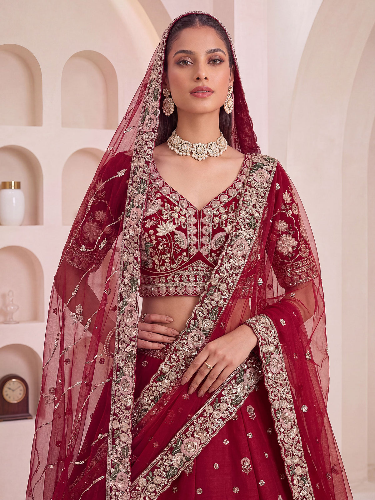 Magnificent Maroon Sequins Work Silk Bridal Wear Lehenga Choli