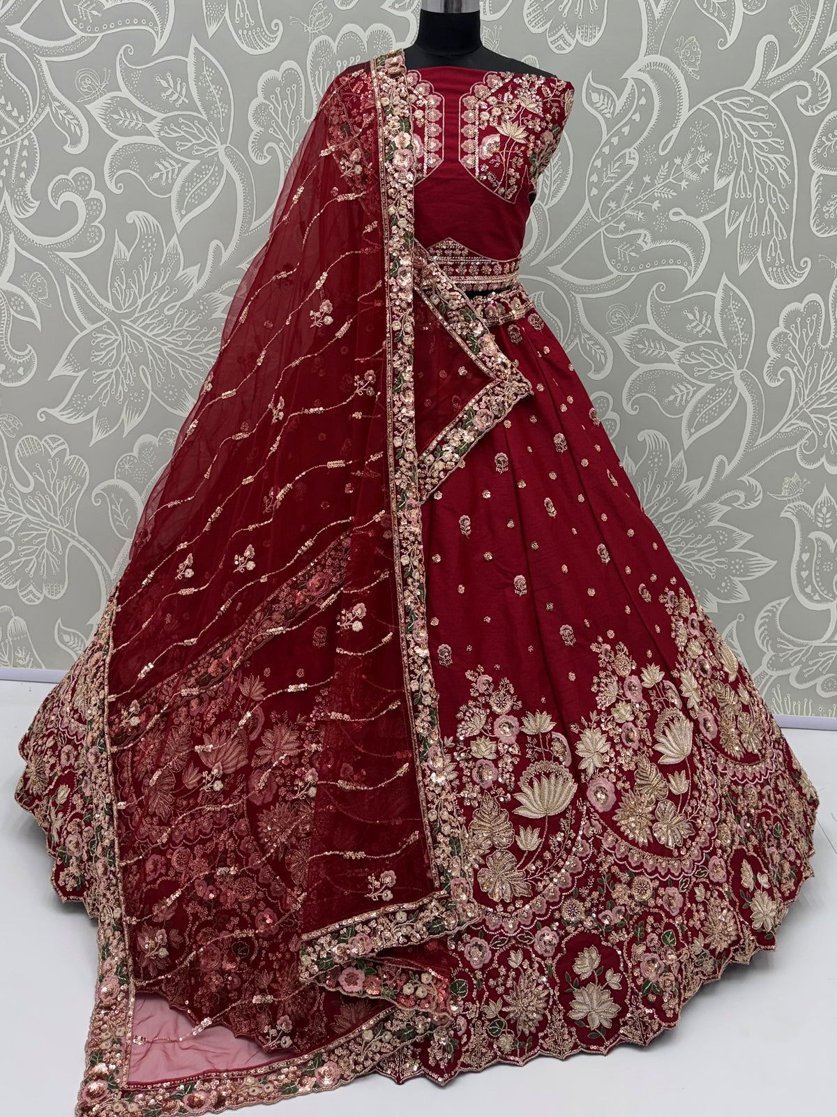 Magnificent Maroon Sequins Work Silk Bridal Wear Lehenga Choli