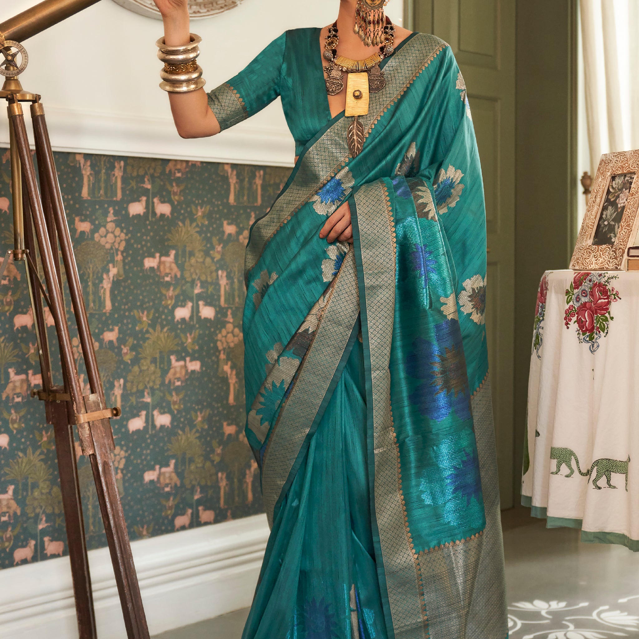 Cultivated Teal Blue Woven Silk Festival Wear Saree