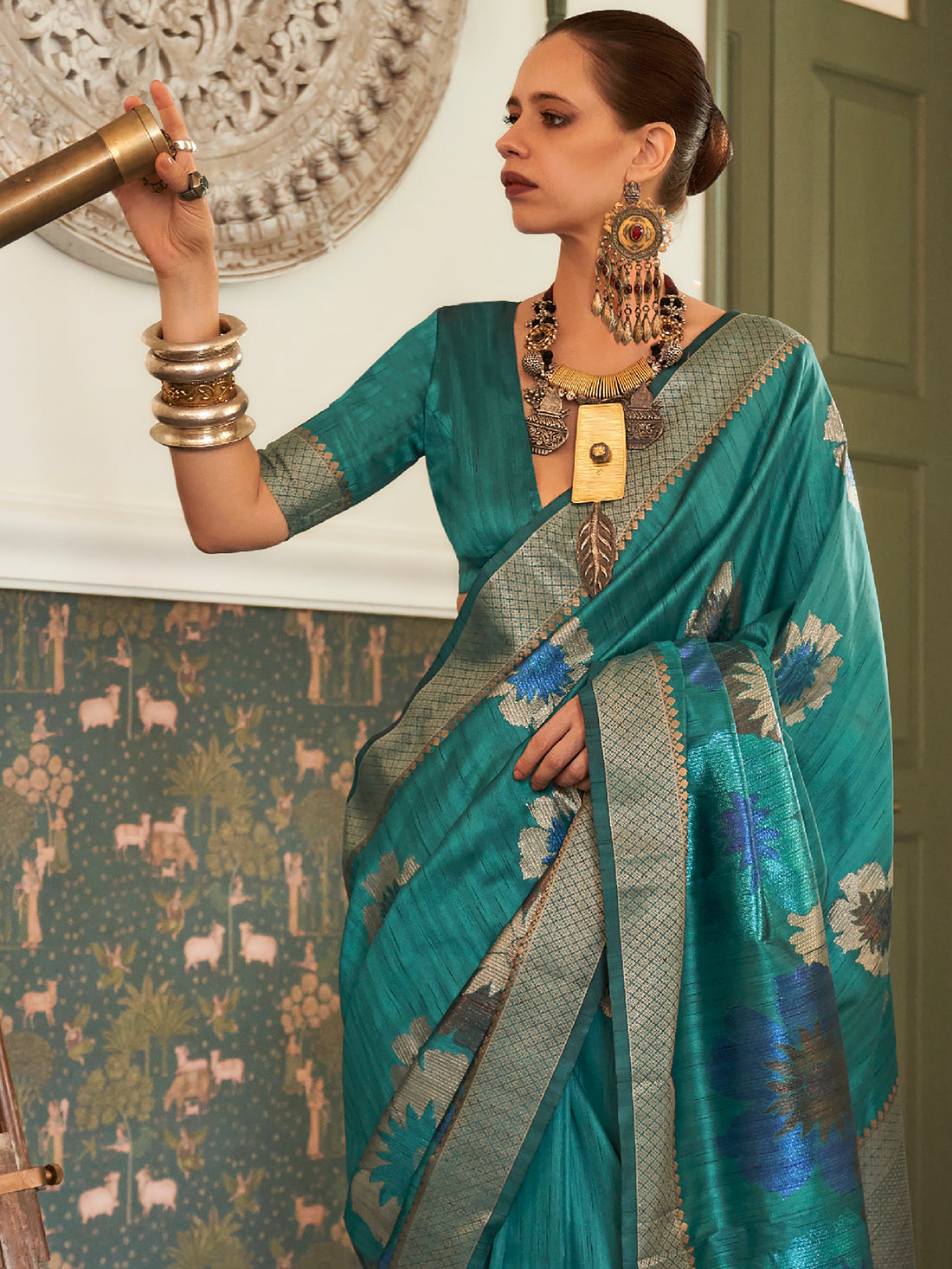 Cultivated Teal Blue Woven Silk Festival Wear Saree