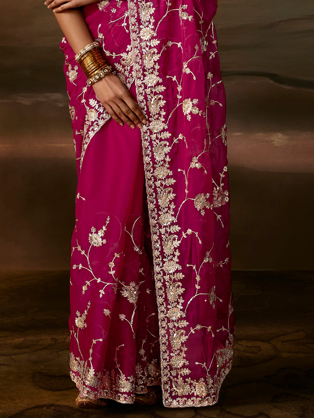 Regal Rani Pink Aari Work Organza Wedding Wear Saree