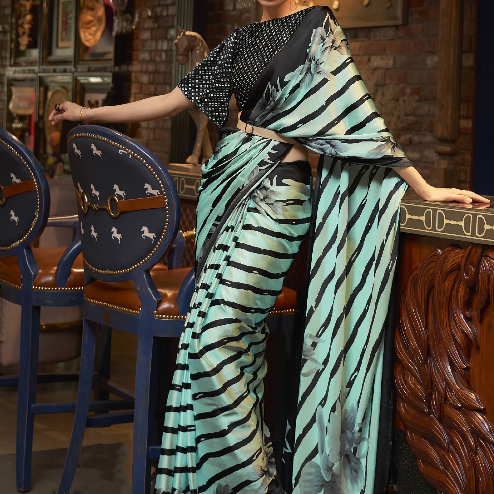 Fetching Mint Green Printed Satin Party Wear Saree With Blouse