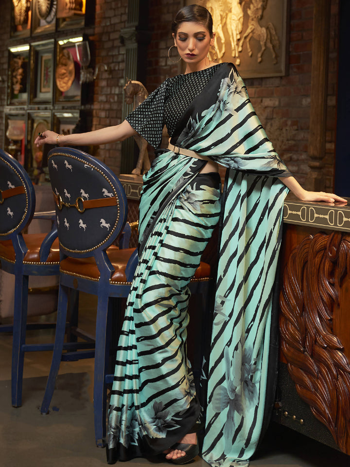 Fetching Mint Green Printed Satin Party Wear Saree With Blouse