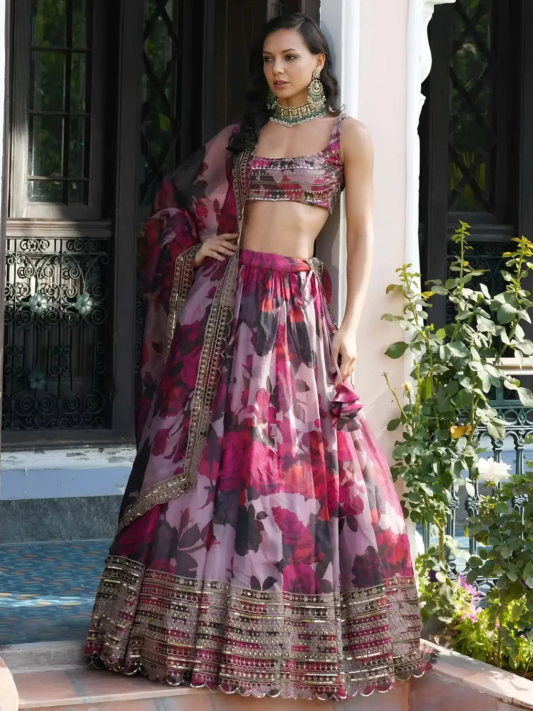 Regal Pink Floral Printed Organza Wedding Wear Lehenga Choli