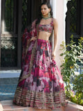 Regal Pink Floral Printed Organza Wedding Wear Lehenga Choli