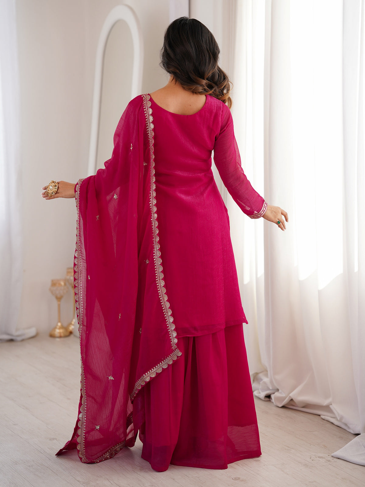 Gorgeous Rani Pink Embroidered Silk Wedding Wear Sharara Suit