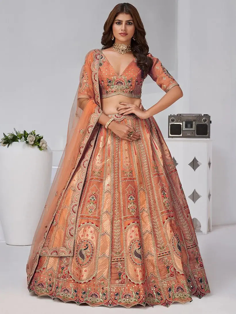 Elegant Rust Orange Embroidered Banarasi Silk Traditional Lehenga Choli