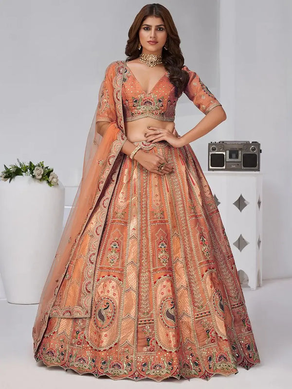 Elegant Rust Orange Embroidered Banarasi Silk Traditional Lehenga Choli
