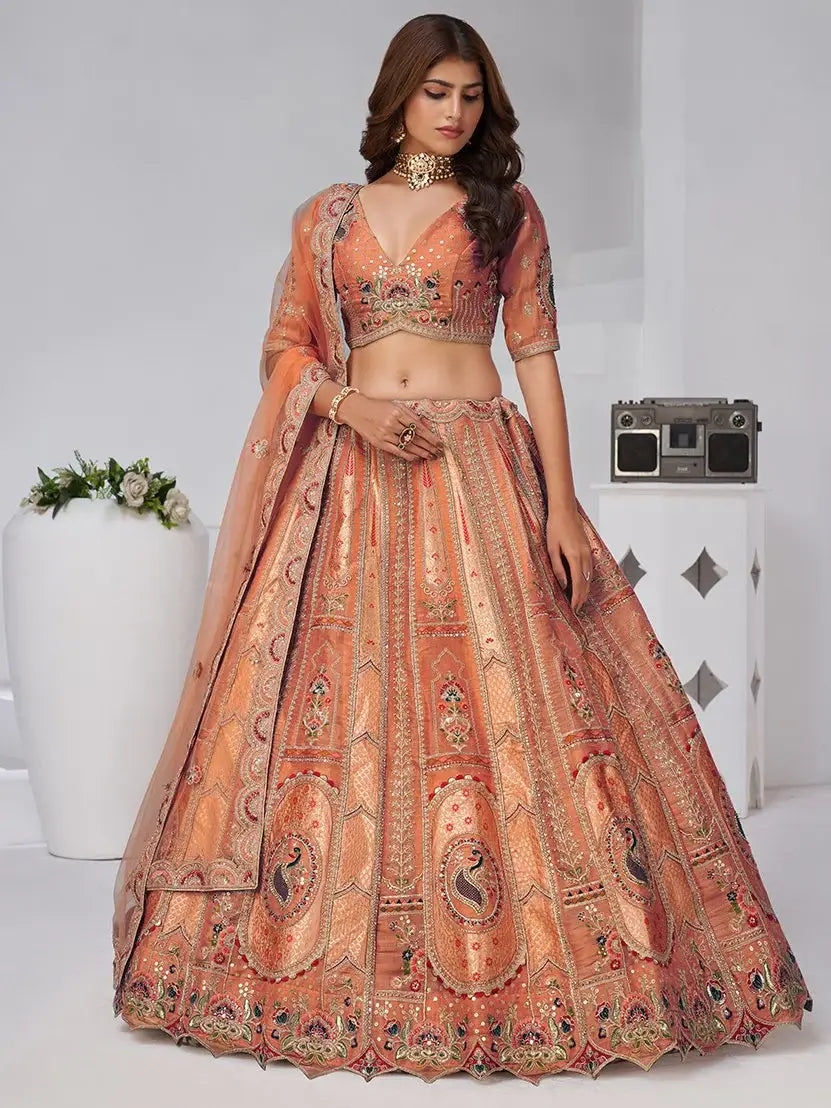 Elegant Rust Orange Embroidered Banarasi Silk Traditional Lehenga Choli