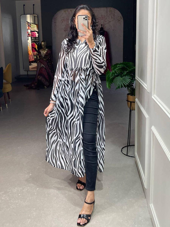 Attractive Black-White Animal Printed Chiffon Nayra Cut Traditional Kurti