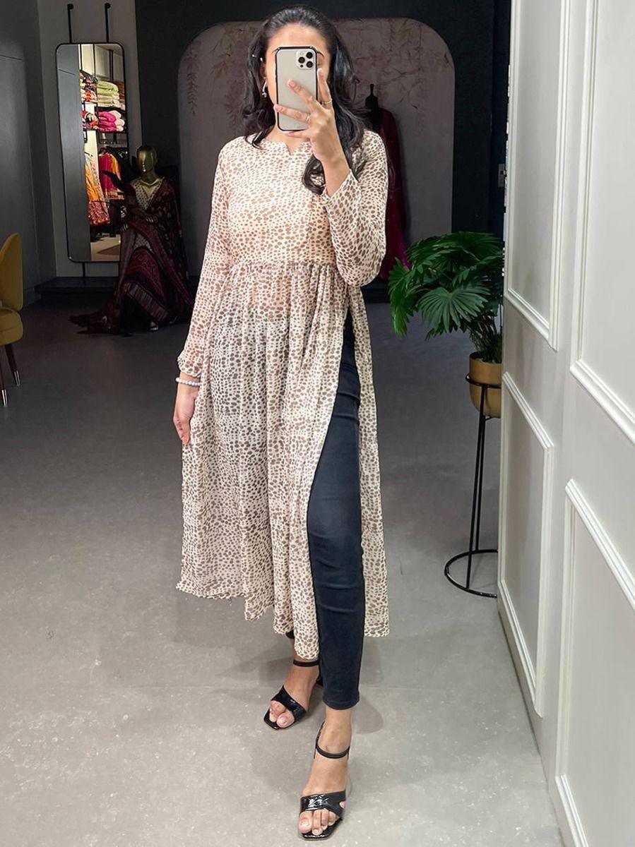 Charming White Animal Printed Chiffon Nayra Cut Event Wear Kurti