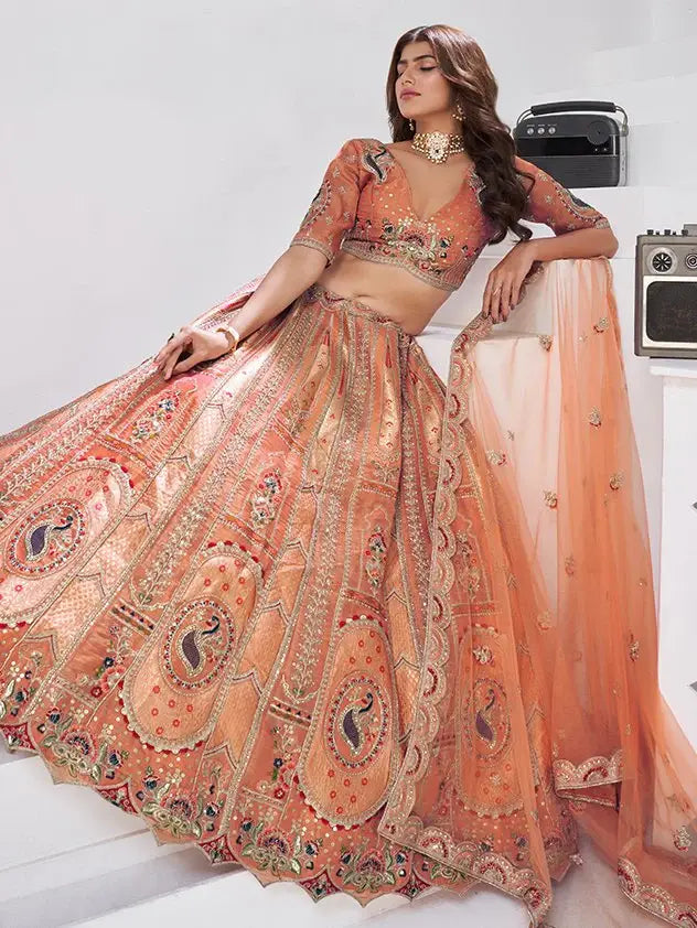 Elegant Rust Orange Embroidered Banarasi Silk Traditional Lehenga Choli
