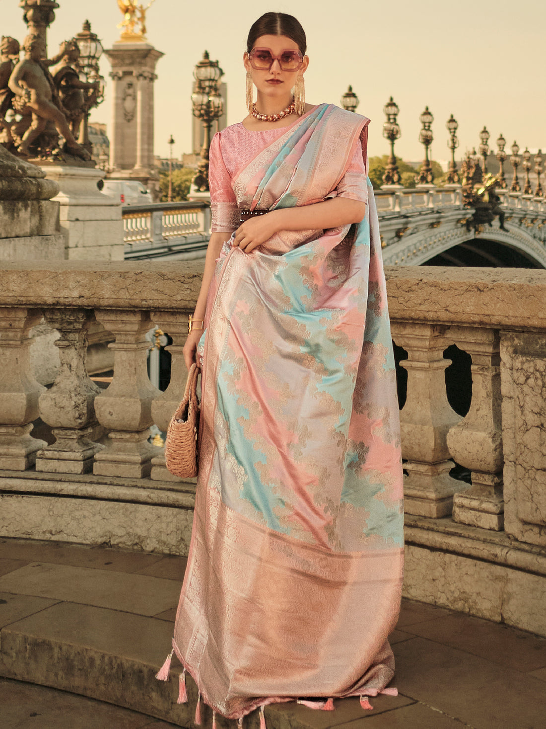 
Excellent Multi-Color Zari Weaving Satin Saree With Blouse

