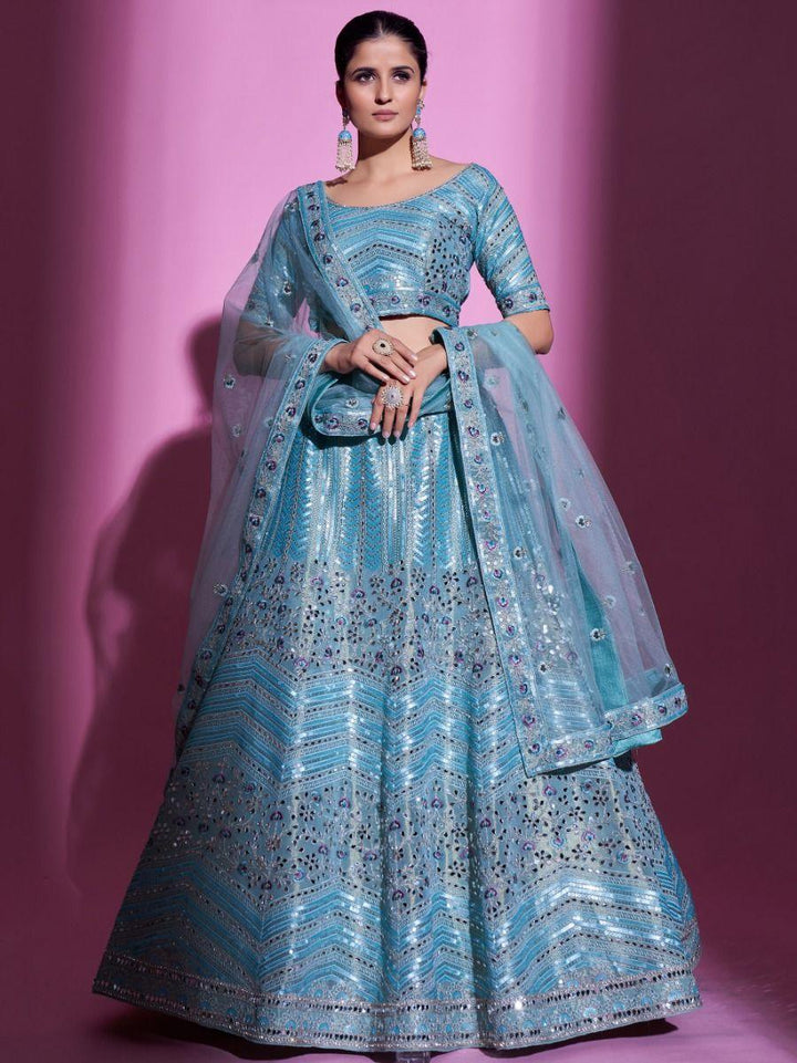 Charismatic Sky Blue Mirror Work Gota Silk Designer Lehenga Choli