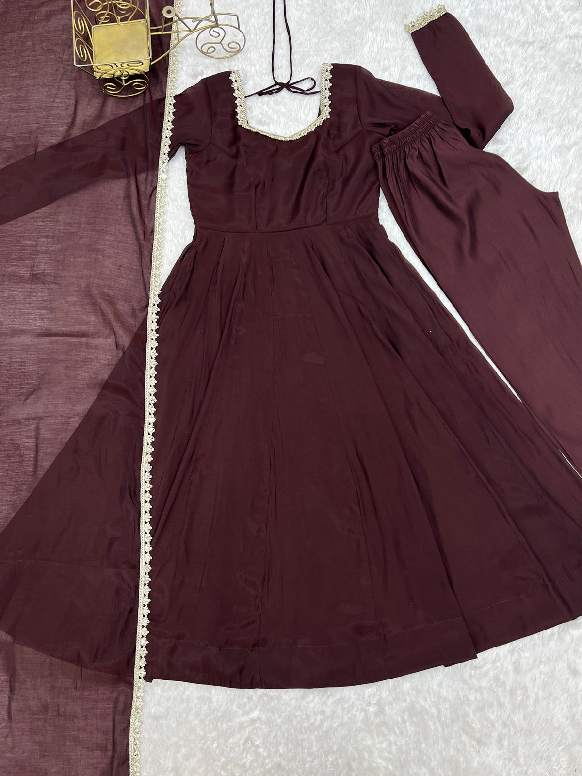 Graceful Dark Brown Mirror Lace Chanderi Festive Wear Anarkali Gown