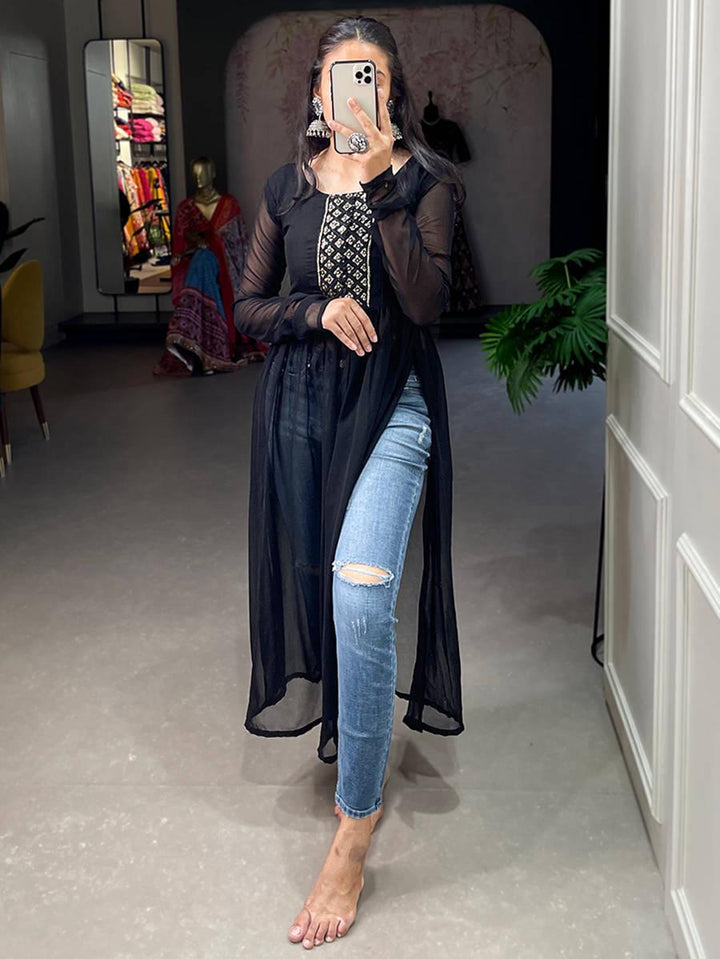 Glamorous Black Embroidered Work Georgette Festival Wear Kurti