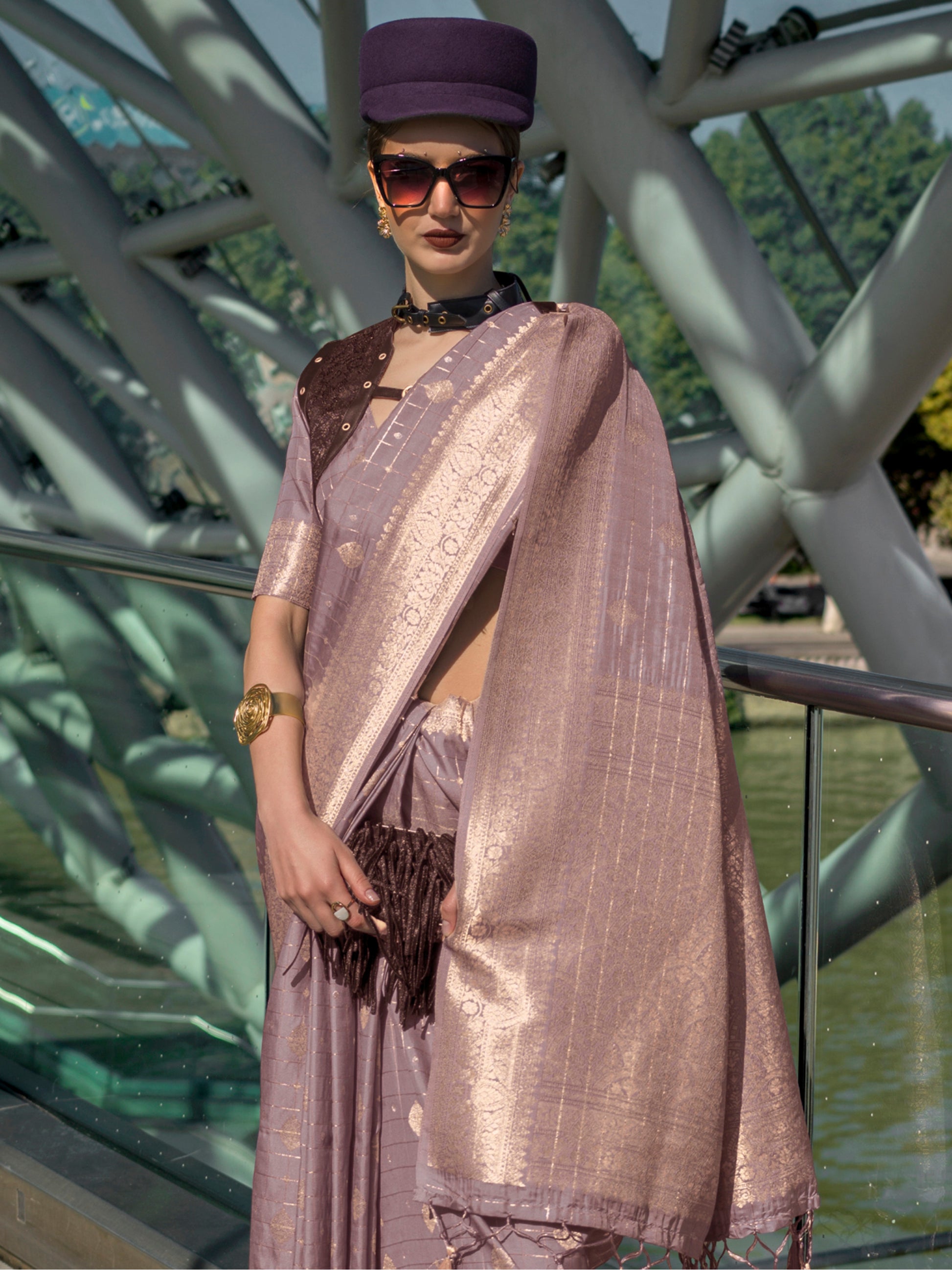Stunning Dusty Purple Zari Weaving Silk Event Wear Saree With Blouse