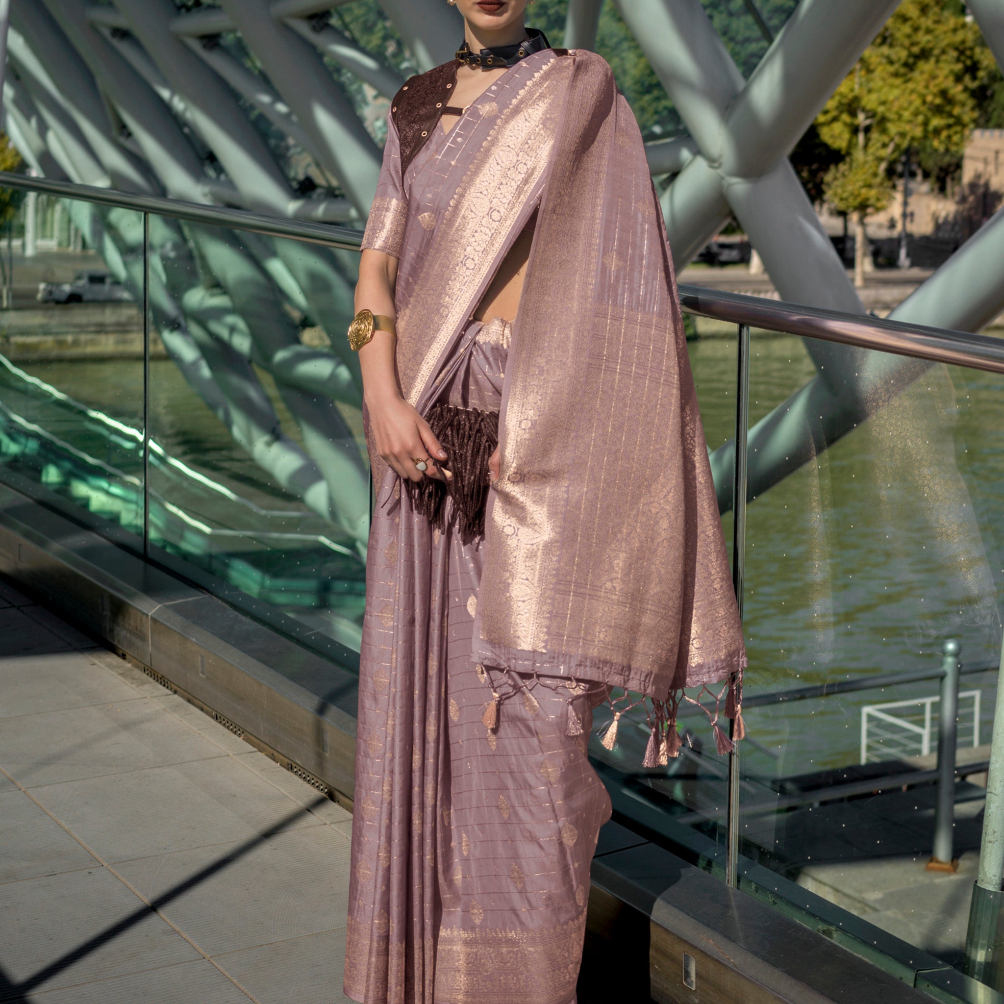 Stunning Dusty Purple Zari Weaving Silk Event Wear Saree With Blouse