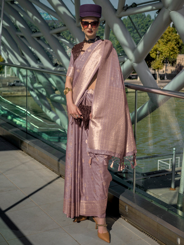Stunning Dusty Purple Zari Weaving Silk Event Wear Saree With Blouse