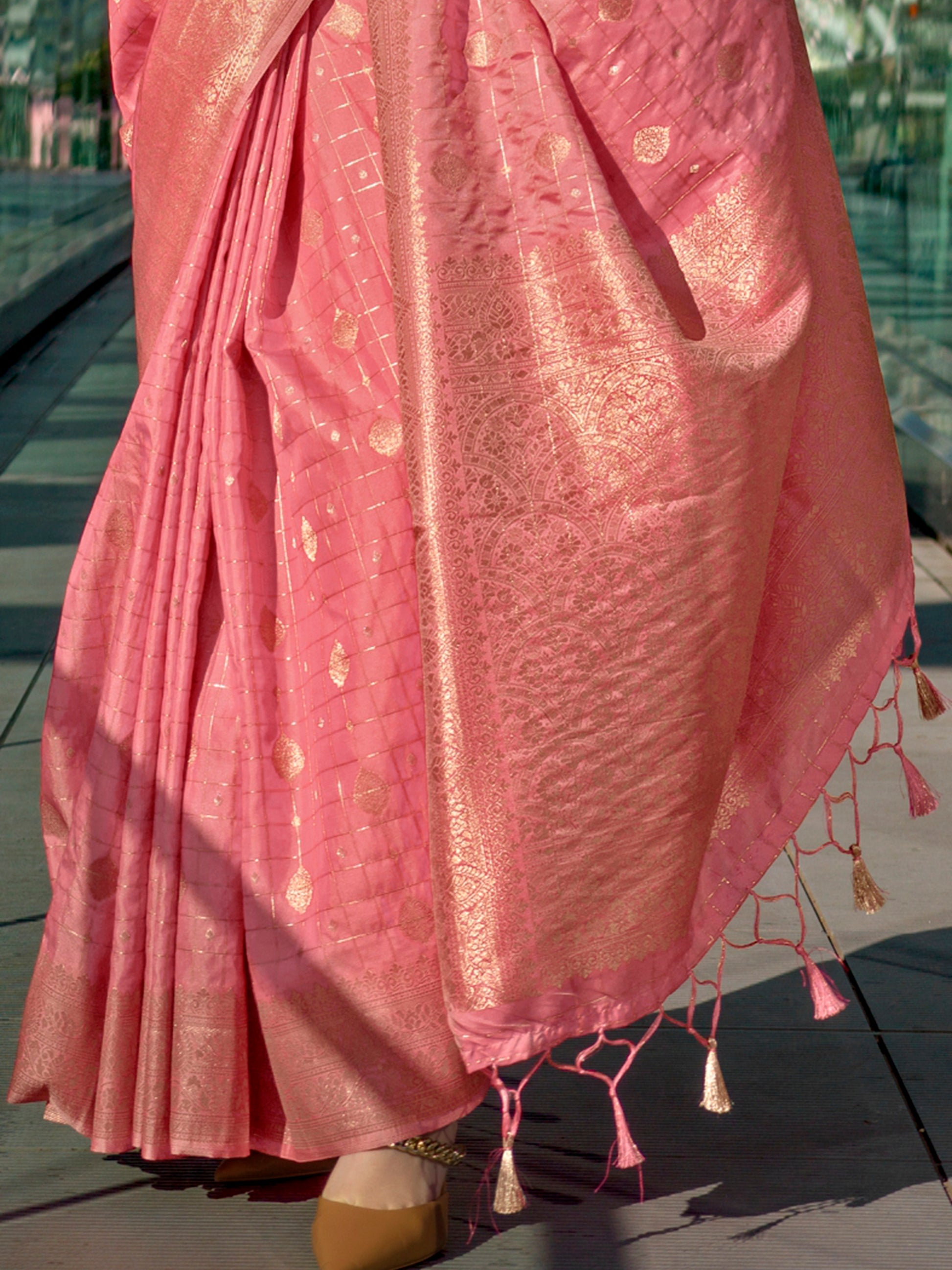 Gorgeous Peach Zari Weaving Silk Festival Wear Saree With Blouse
