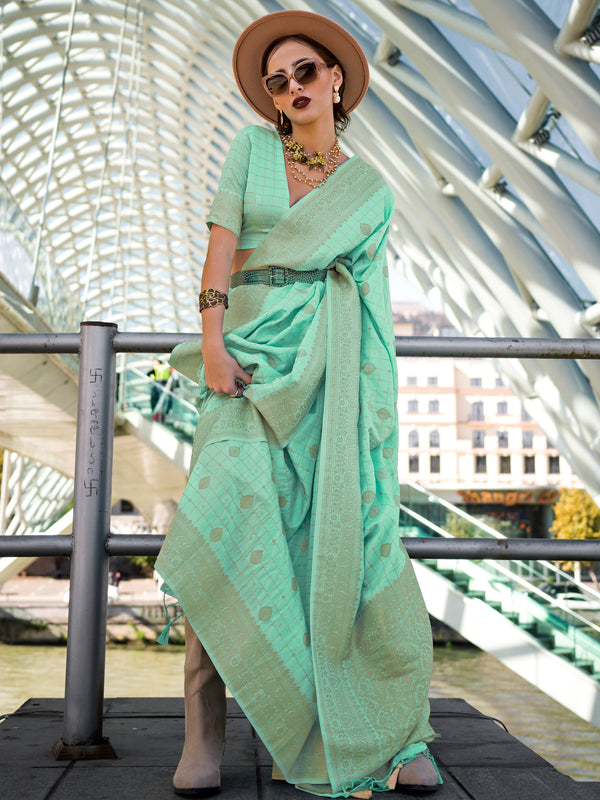 Charming Sea Green Zari Weaving Silk Trendy Saree With Blouse