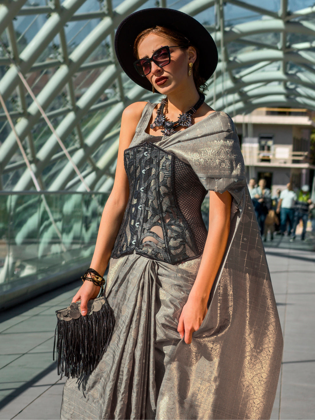 Beautiful Grey Zari Weaving Silk Event Wear Saree With Blouse