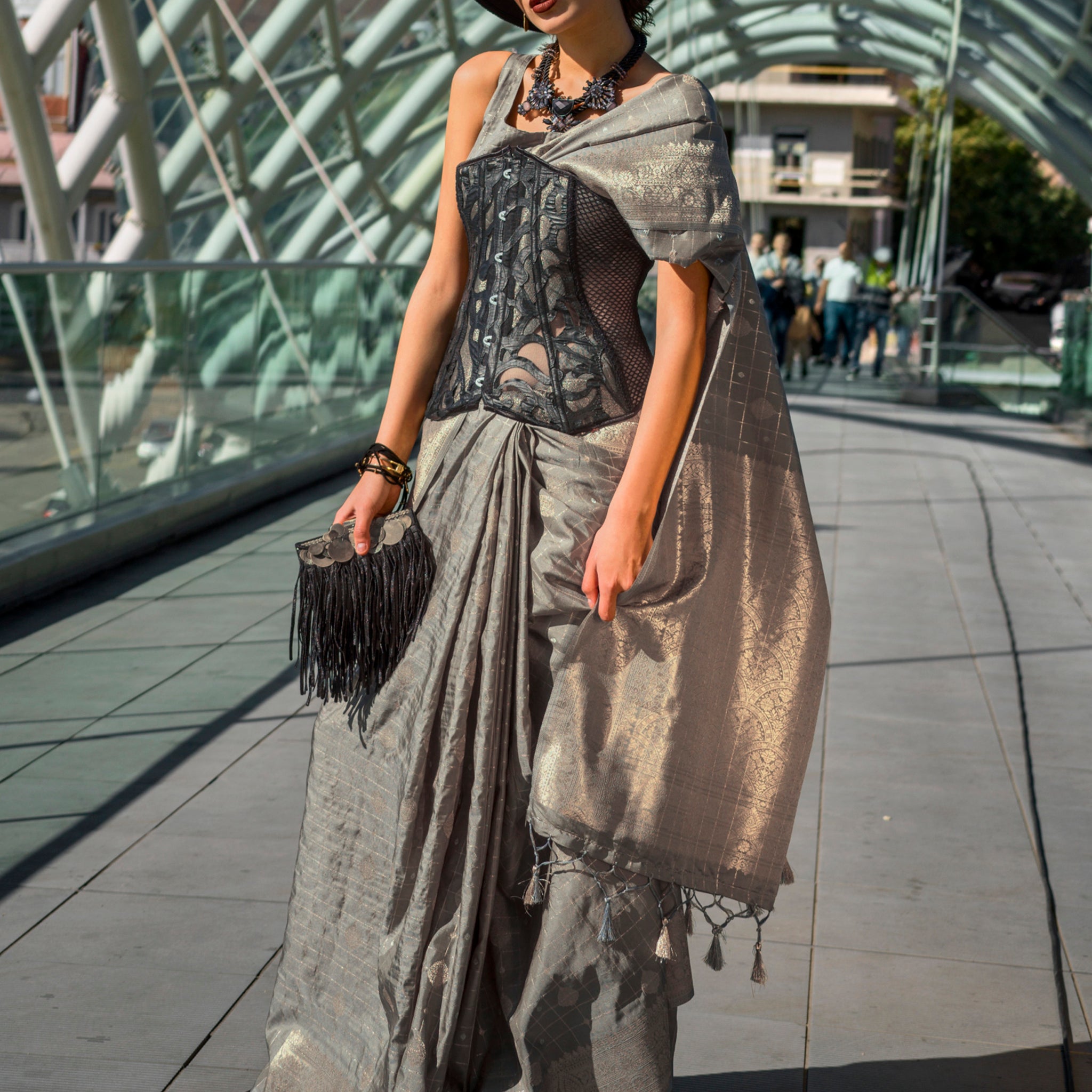 Beautiful Grey Zari Weaving Silk Event Wear Saree With Blouse