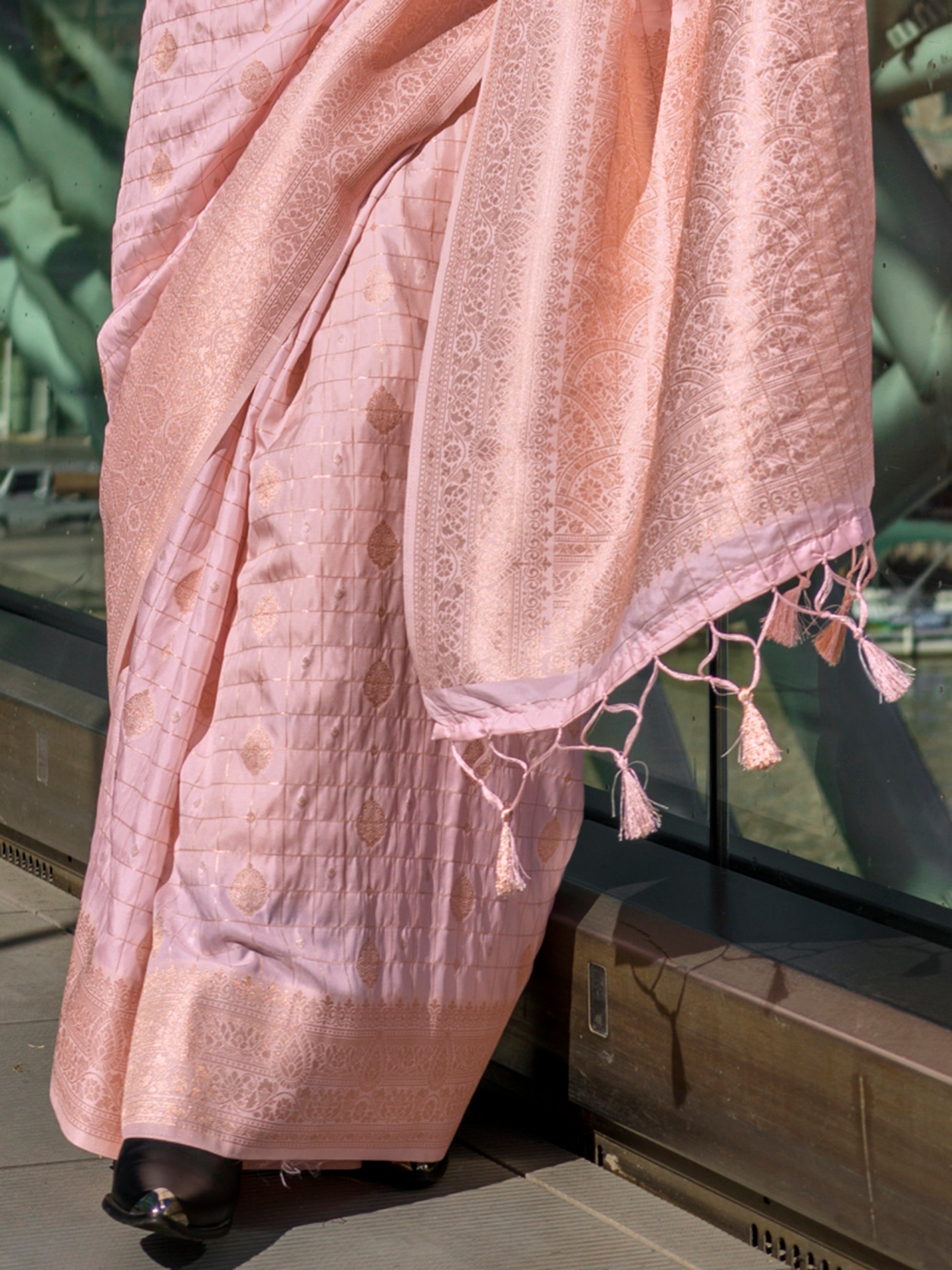 Attractive Baby Pink Zari Weaving Silk Festival Wear Saree With Blouse