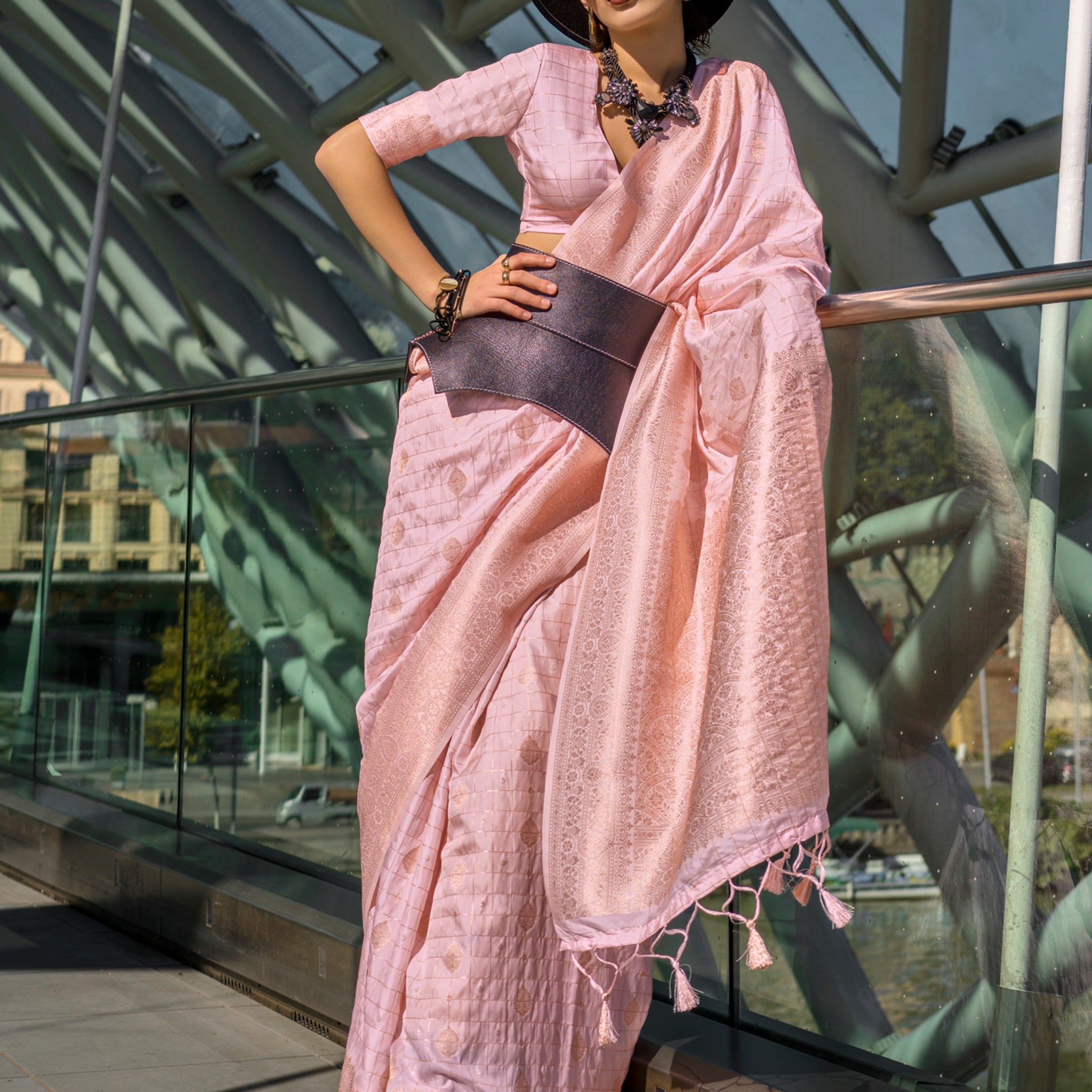 Attractive Baby Pink Zari Weaving Silk Festival Wear Saree With Blouse