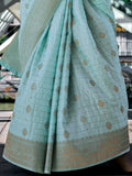 Alluring Sky-Blue Zari Weaving Silk Festival Wear Saree With Blouse