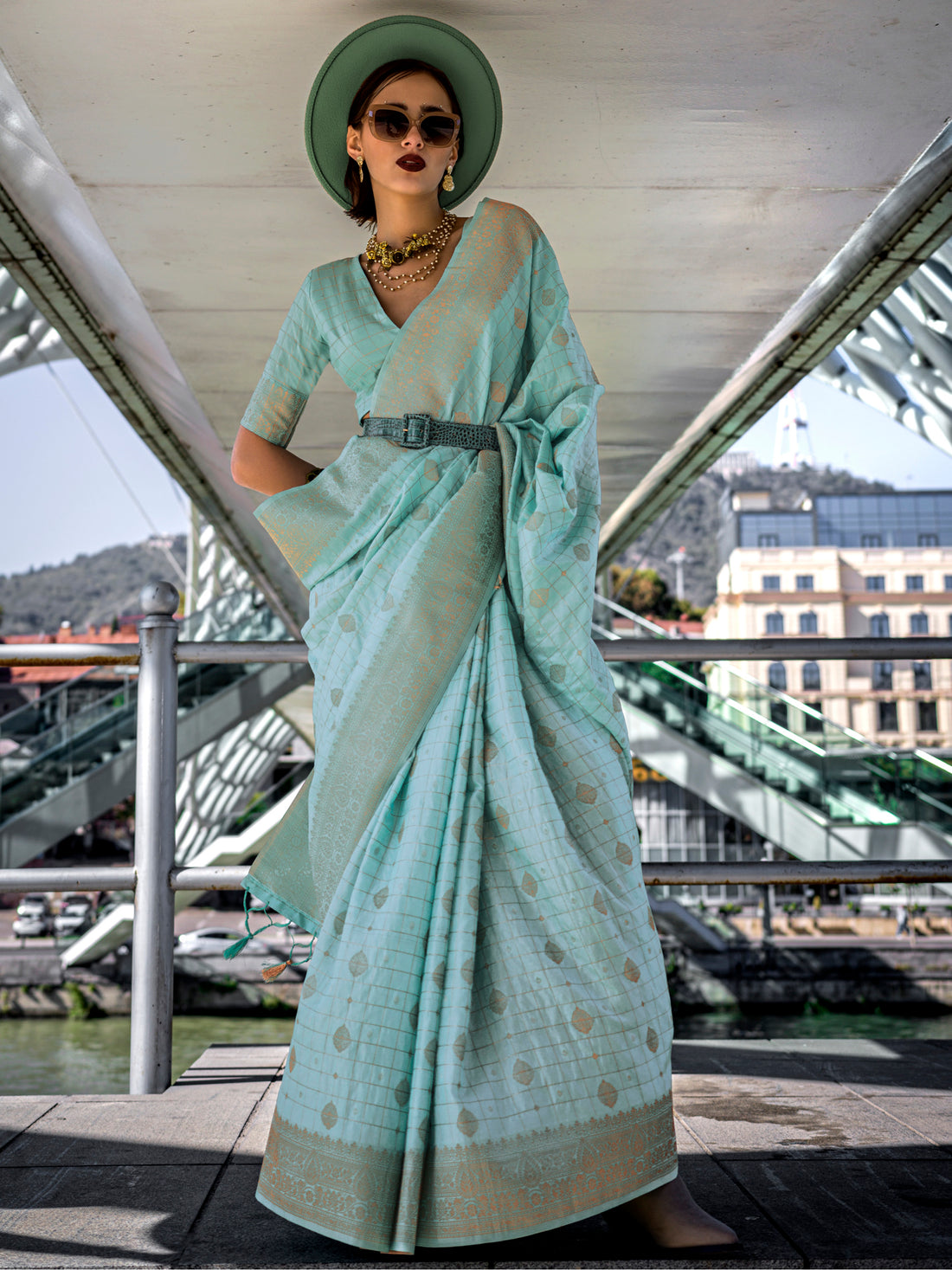 Alluring Sky-Blue Zari Weaving Silk Festival Wear Saree With Blouse