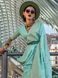 Alluring Sky-Blue Zari Weaving Silk Festival Wear Saree With Blouse