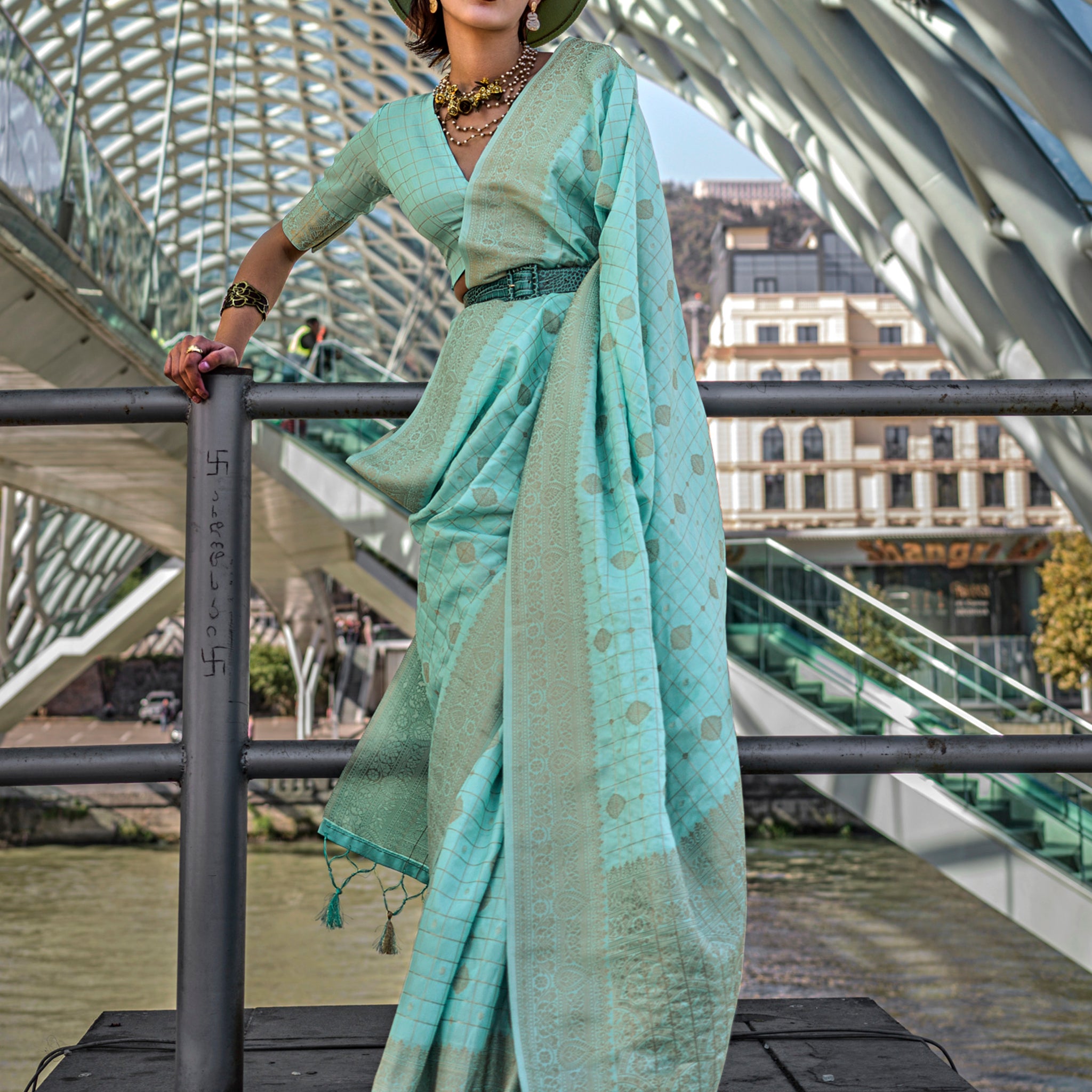 Alluring Sky-Blue Zari Weaving Silk Festival Wear Saree With Blouse