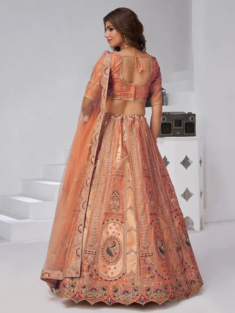 Elegant Rust Orange Embroidered Banarasi Silk Traditional Lehenga Choli