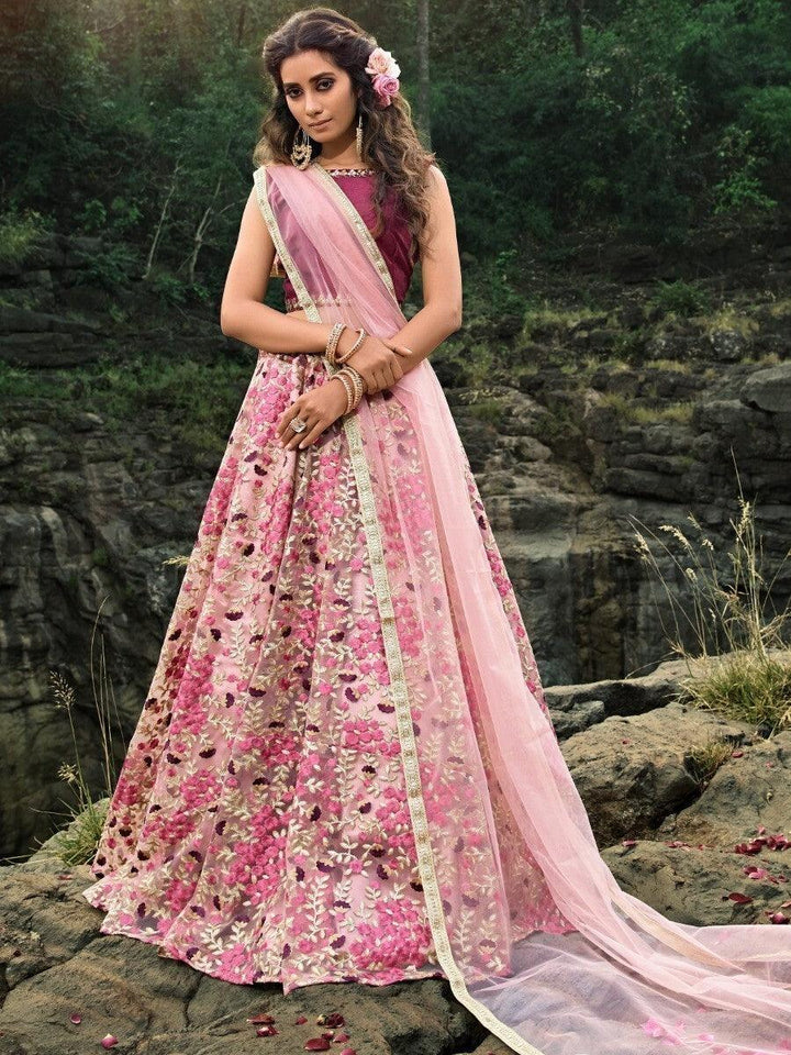 Wonderful Pink Thread Embroidered Work Net Wedding Wear Lehenga Choli