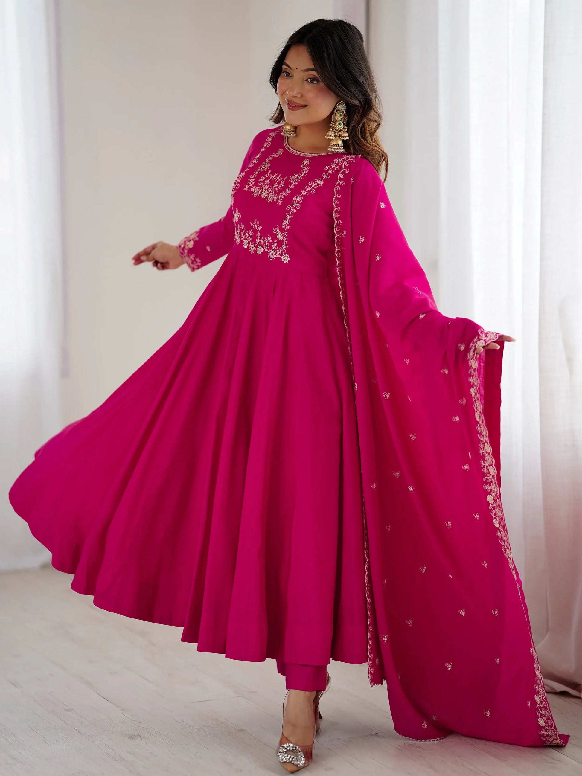 Alluring Hot Pink Bead Work Chanderi Silk Designer Anarkali Suit With Dupatta